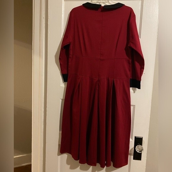 ReoRia Scarlet Red 50s Vintage Long Sleeve Large Pleated Dress - Picture 2 of 10